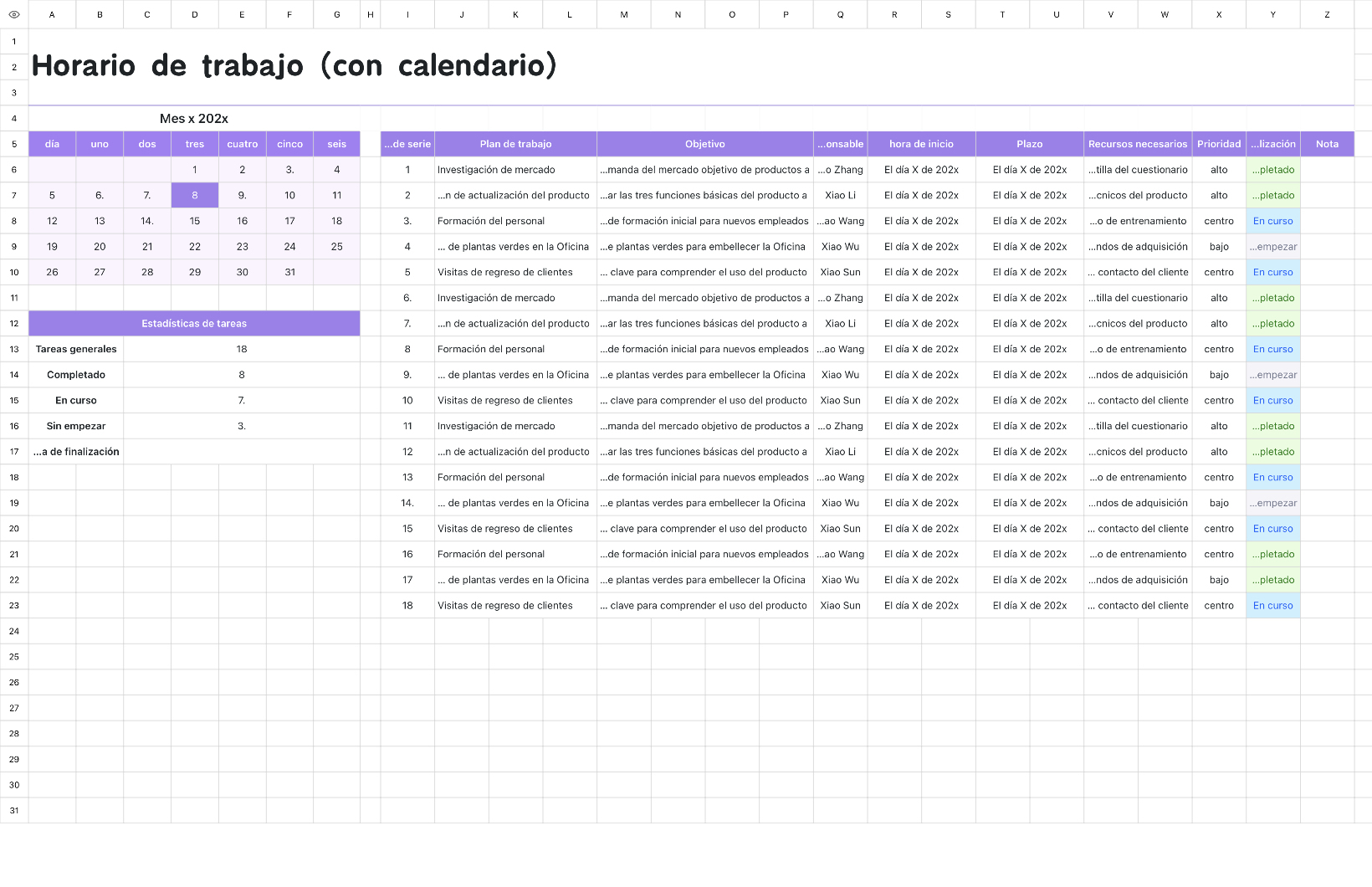 Horario de trabajo (con calendario)